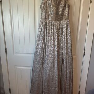 Aidan Mattox Silver Gold Off-the-Shoulder Gown